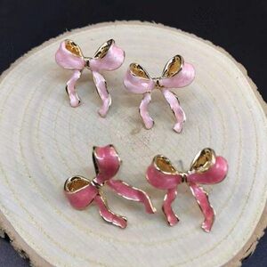 New stainless steel, pink bow, crochet earrings, feminine trendy, very demure